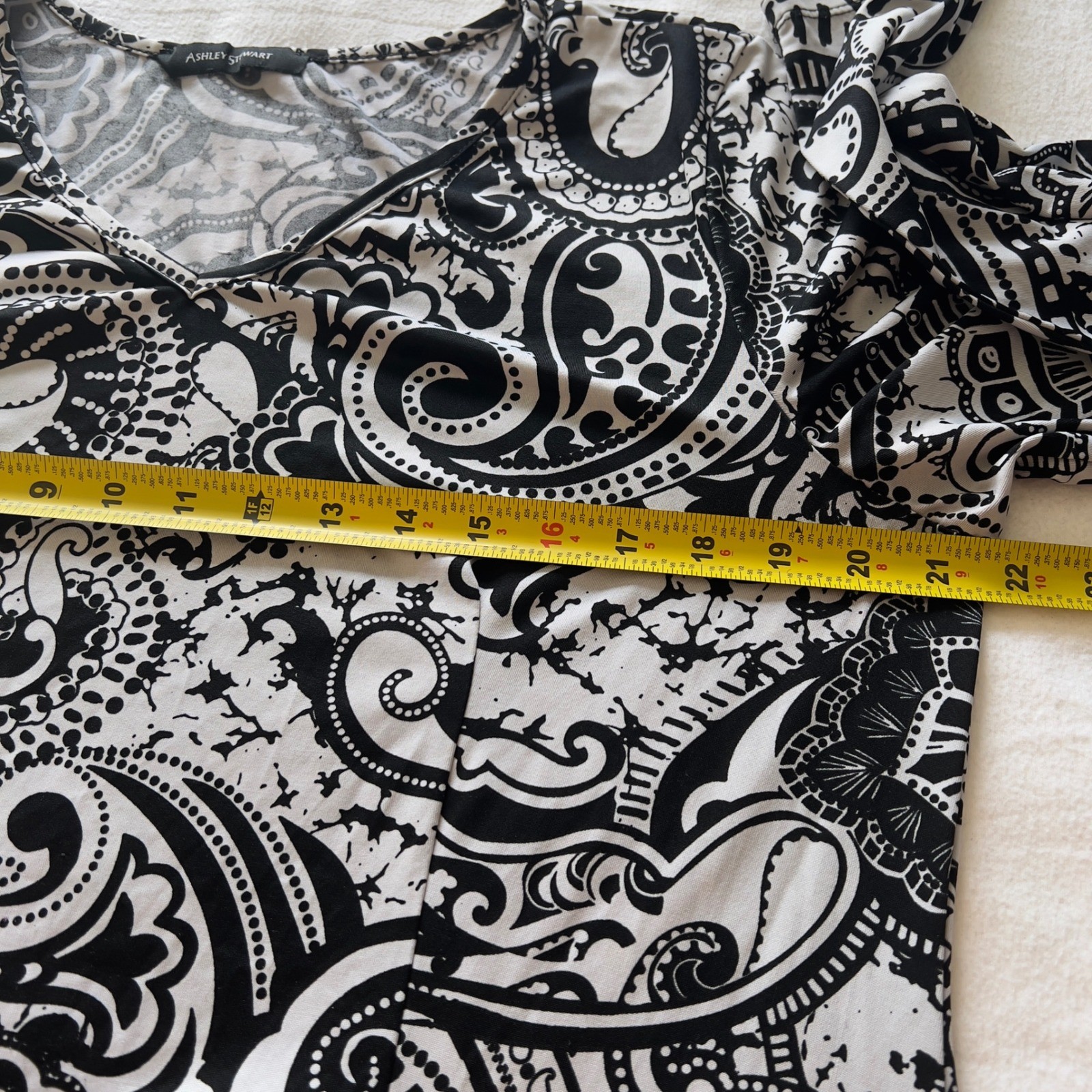 Ashley Stewart Black White Paisley Print V-Neck Long Sleeve Dress Women Plus