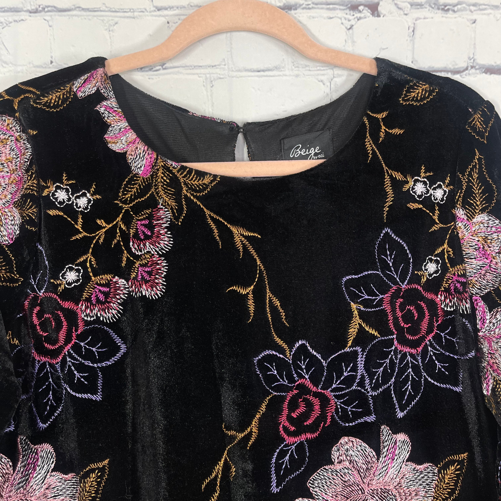 Beige Eci Dress Women Size 8 Pullover Velvet Floral Whimsygoth Embroidered