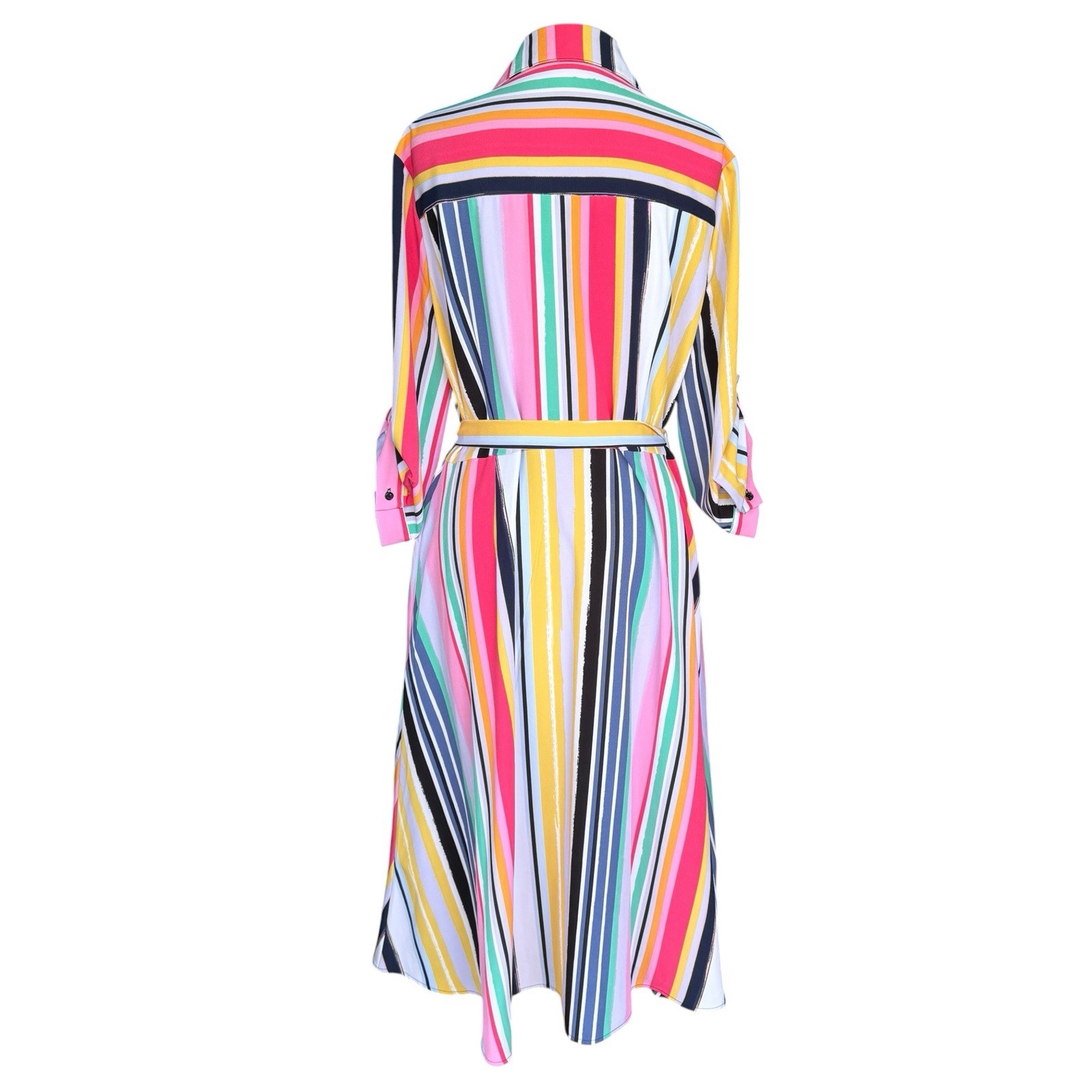 NY & Co Multicolor Striped Midi Shirt Dress Roll Tab Sleeve Belted Women’s Large