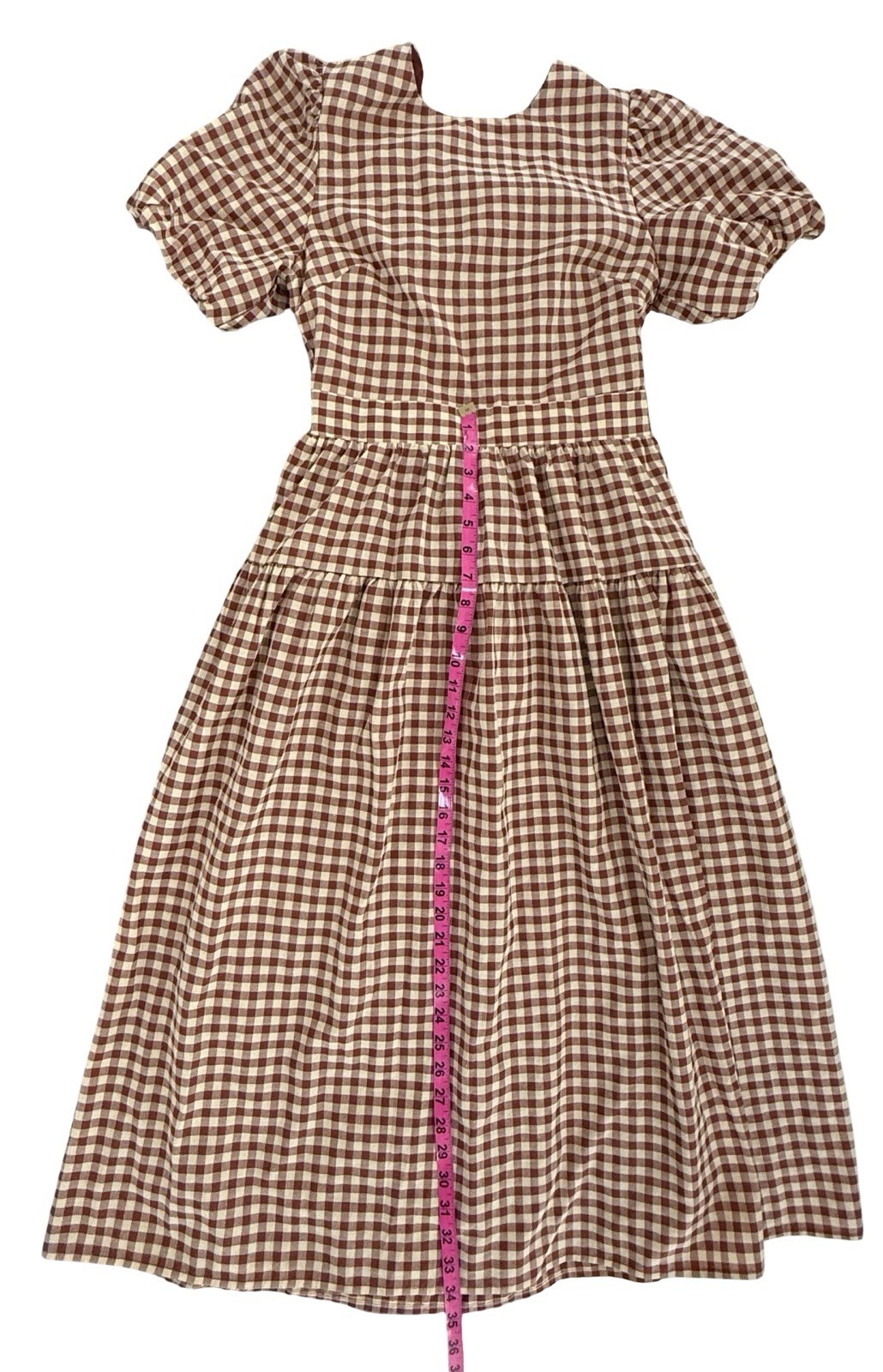 En Saison Brown/White Gingham Square Neck Puff Sleeve Midi Dress Pockets Sz S