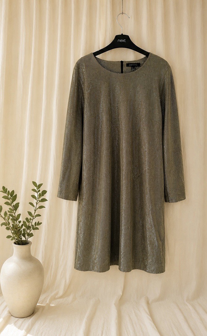 Cortefiel Metallic Gold Shift Dress UK 14 EU 42 Long Sleeve Party Cocktail