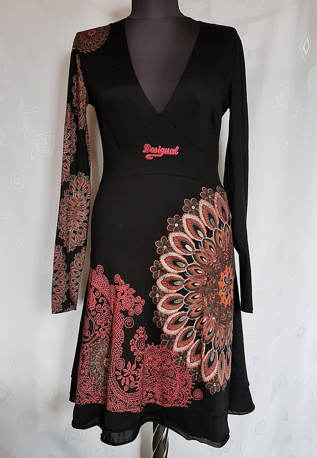 AUTHENTIC DESIGUAL EMBROIDERY LOGO FLOWERS BLACK WOMENS DRESS SIZE US S 6 EU 34