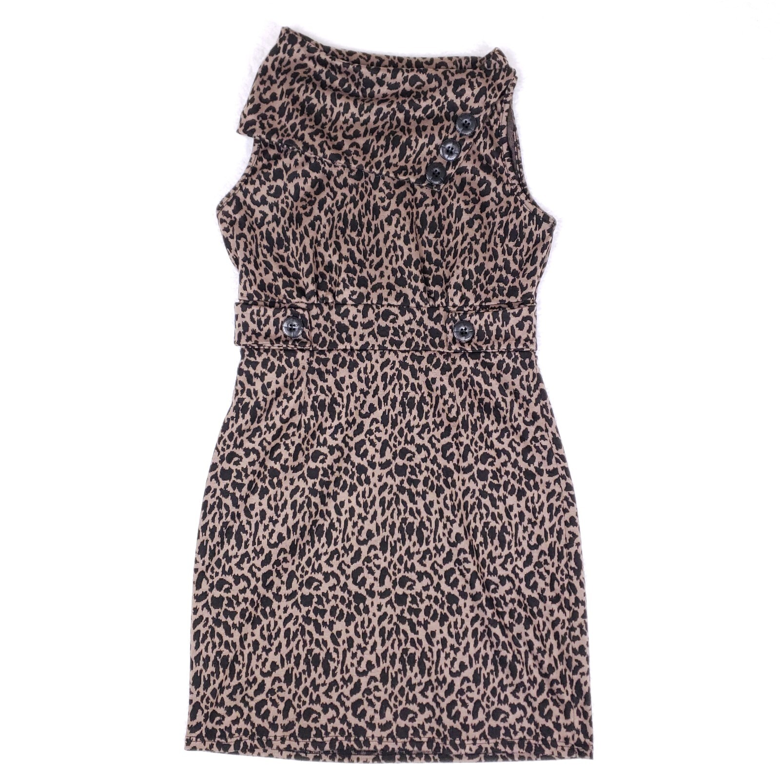 Love Culture Leopard Print Bodycon Dress Sleeveless Button Accent Cowl Neck Sz M