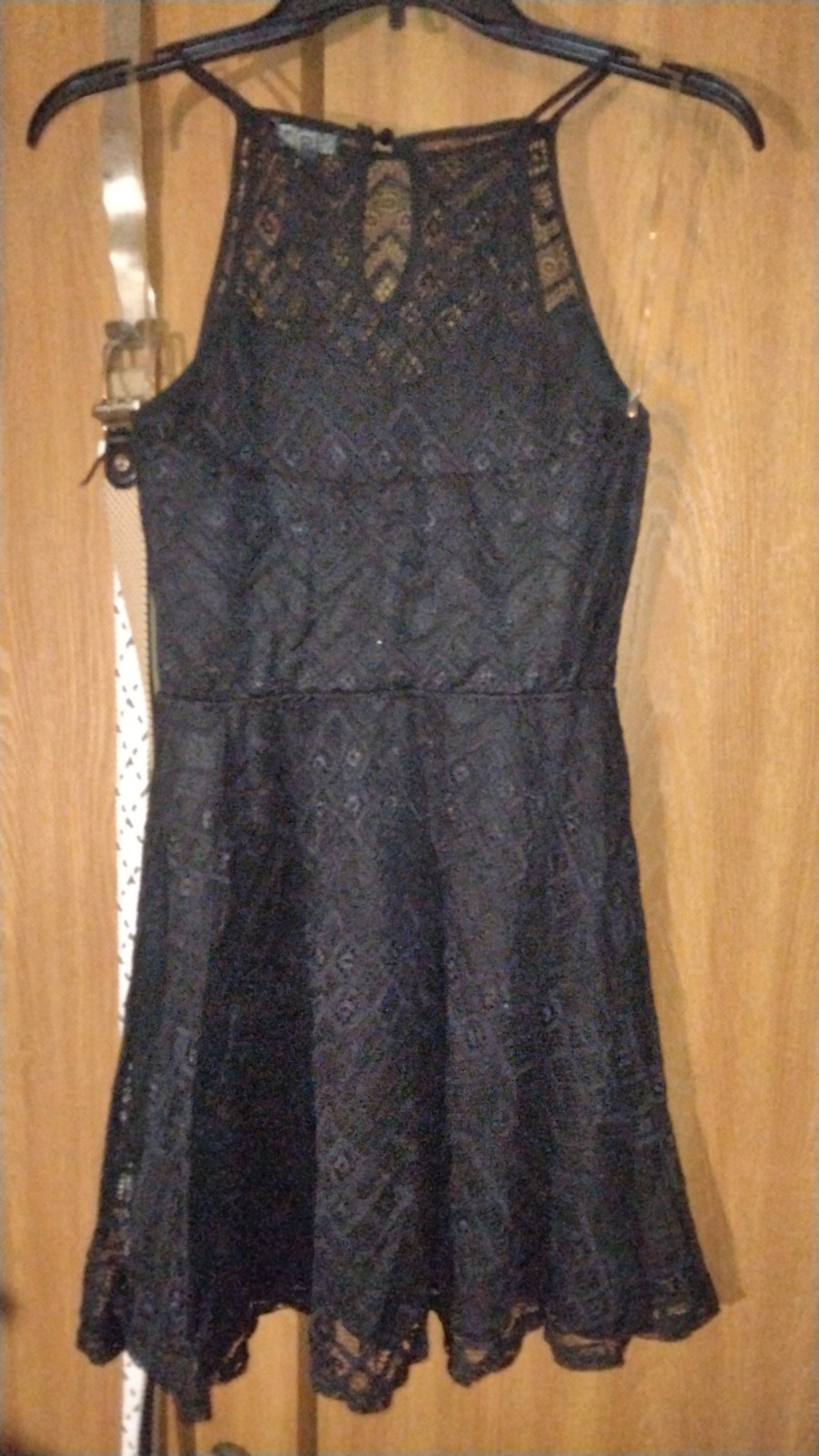 Black Lace Fit & Flare Short Sleeveless High Neck Party Dress Sheer Keyhole