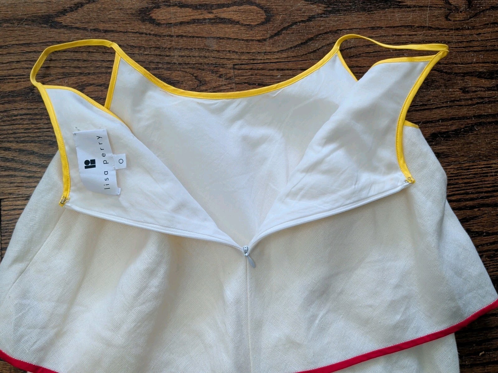 Lisa Perry Tiered 100% Linen Off White Midi Dress Made NY Whimsical Retro Sz 0
