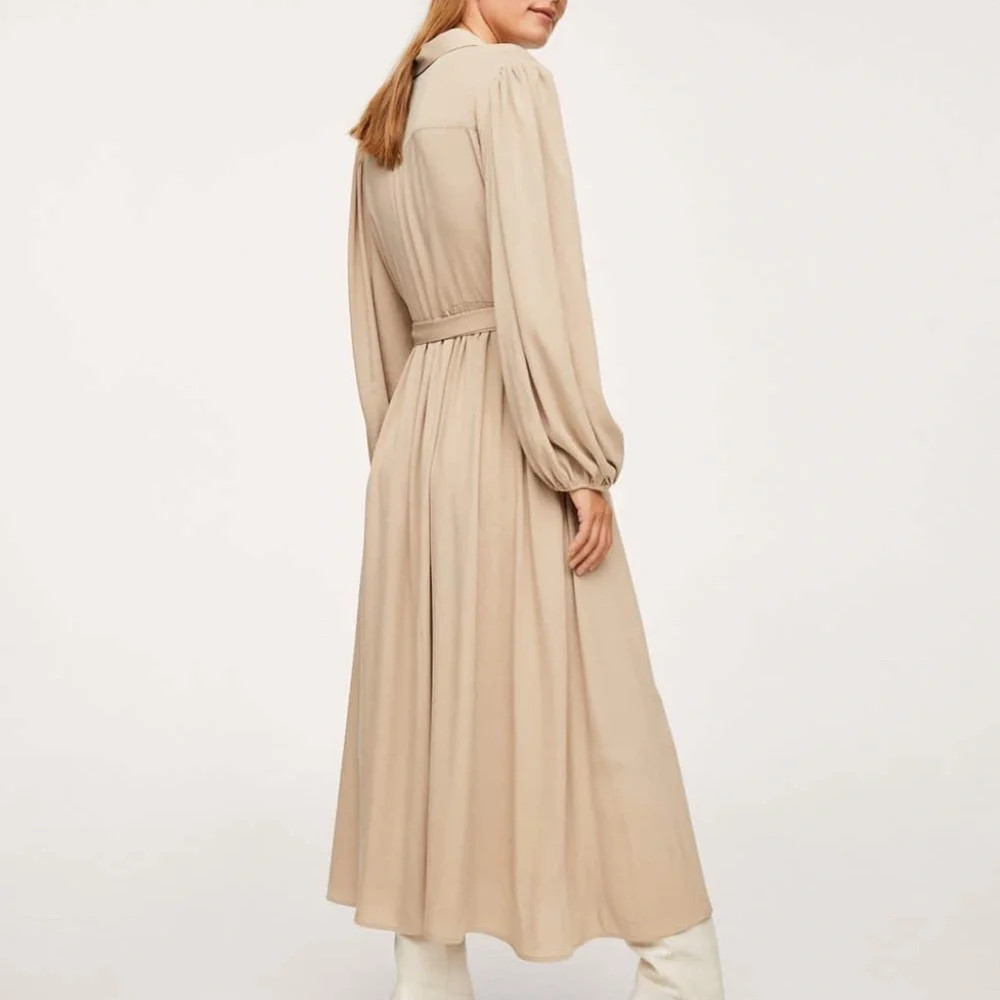 Mango – Beige button down long sleeve pleated tie-waist midi dress – Size 4