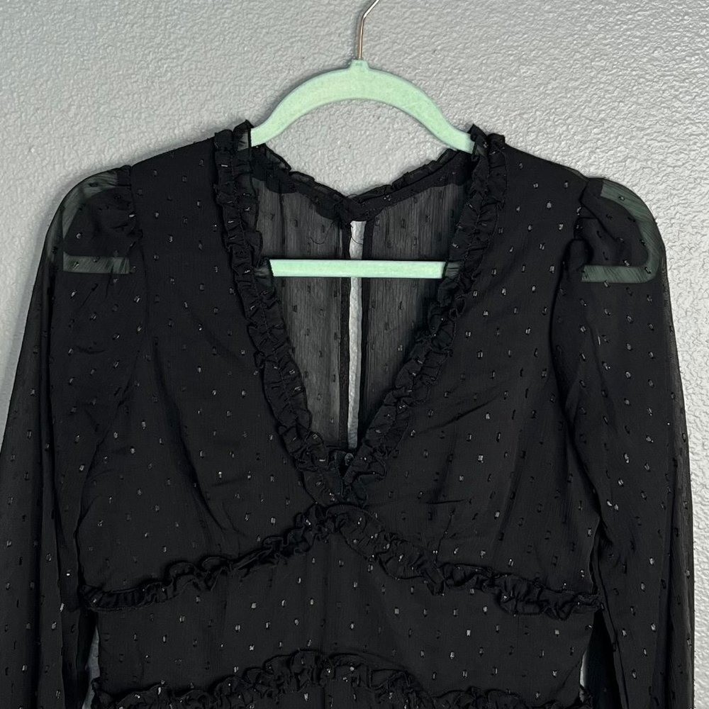 B. Smart Long Sleeve V-Neck Ruffle Mini Dress Size 5 Flowy Semi-Sheer