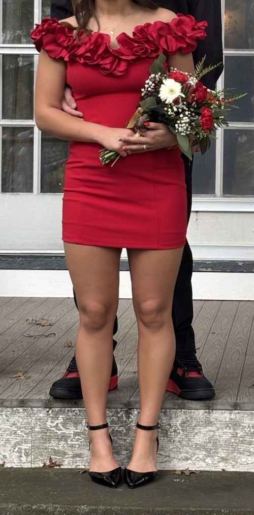 B. Darlin Brand Juniors Size 5/6 Homecoming/ Formal Dress Red W/ Flowers
