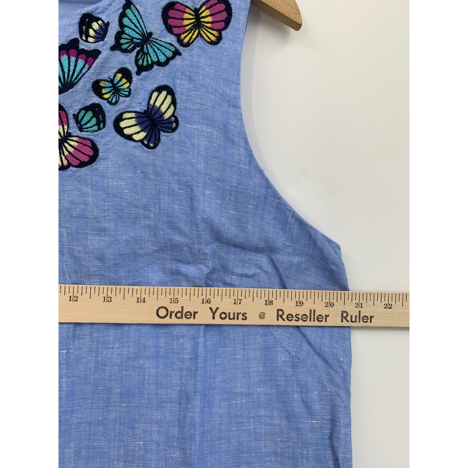 Talbots Dress 16 Petite Blue Butterfly Embroidered Linen Cotton Sleeveless