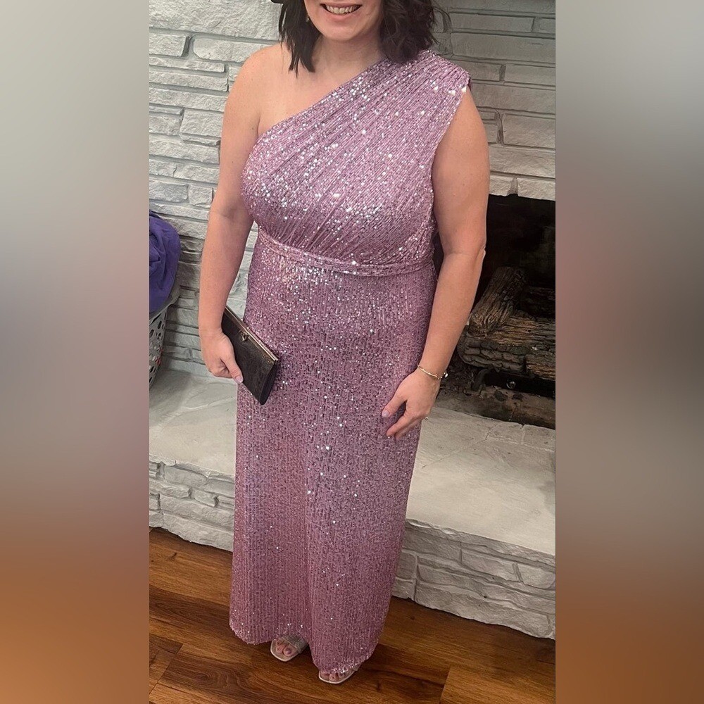 Mac Duggal 26694 Sequined Ruched One Shoulder Gown in Lilac Size 16