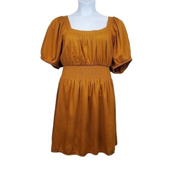 Old Navy Womens Golden Brown Short Puff Sleeve Smocked Waist Dress Size XL NWT