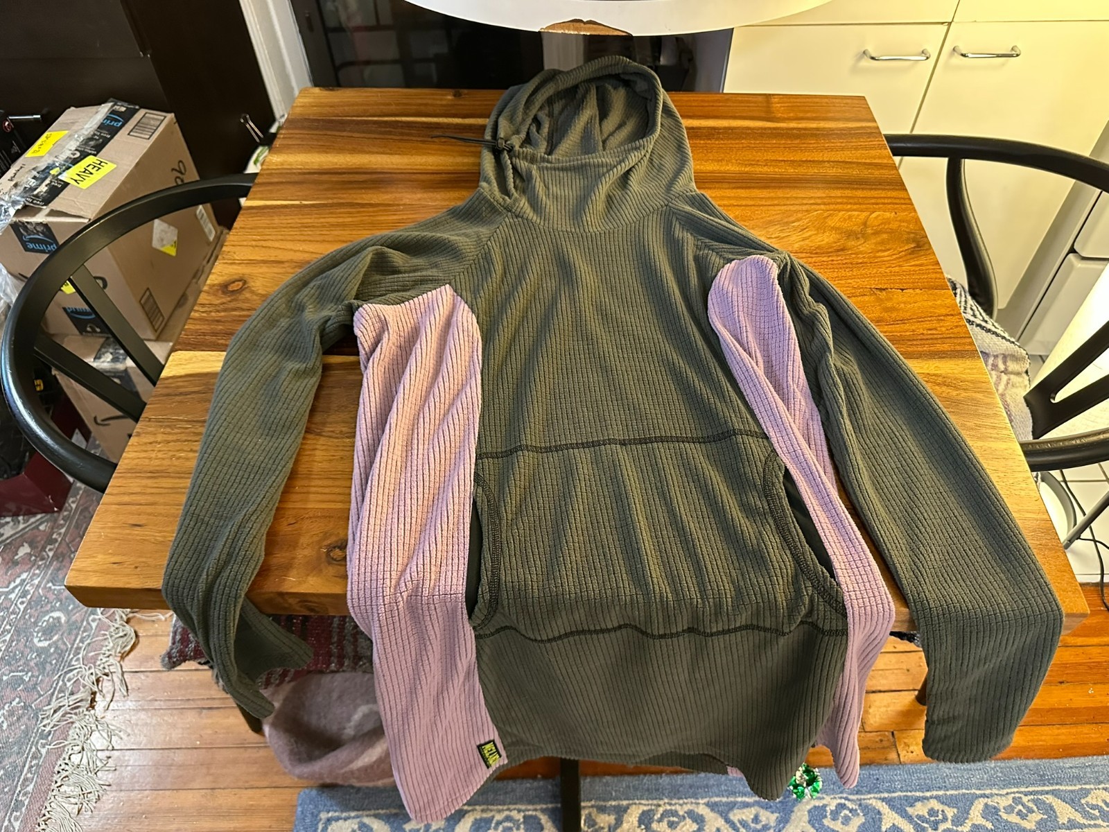Melanzana Micro Grid Hoodie Dress Lavender Gray Colorblock Large Pocket Winter