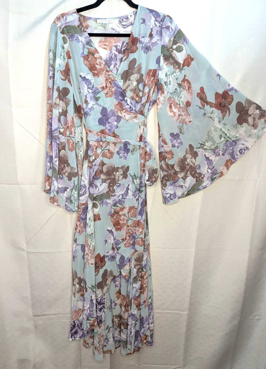 Women’s Size Large Wrap Mint Green Floral Boho Bell Sleeve High Low Maxi Dress