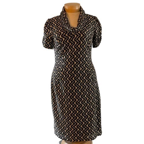 Evan-Picone Women Black Gold Chevron Sheath Dress Cowl Neck Puff Sleeve Sz 12