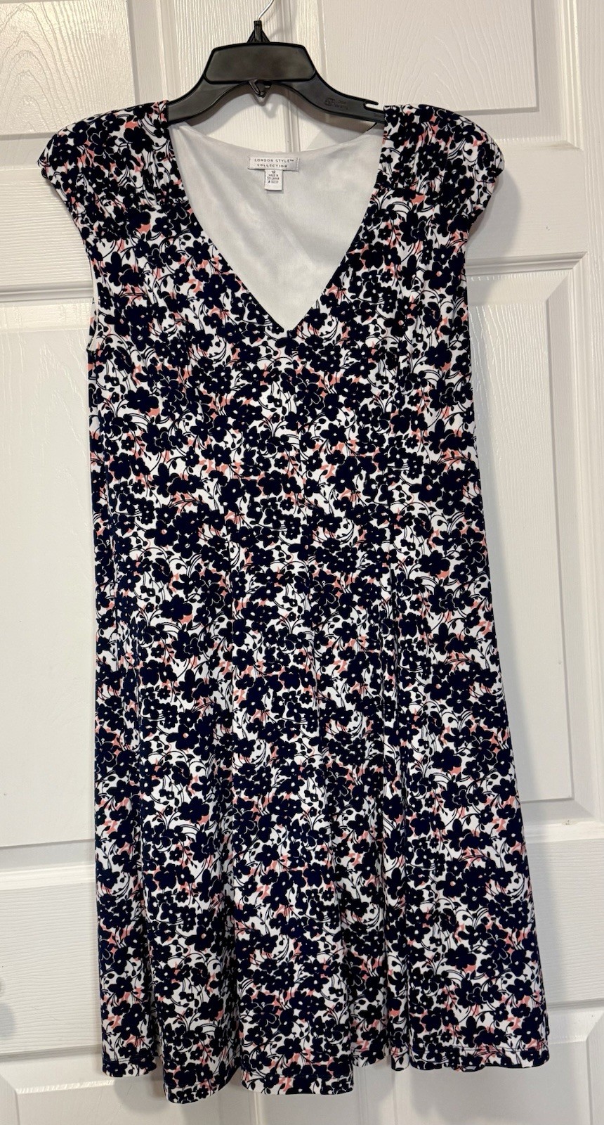 London Style Collection Floral V Neck Fit Flare Dress Size 12 Navy Pink Stretchy