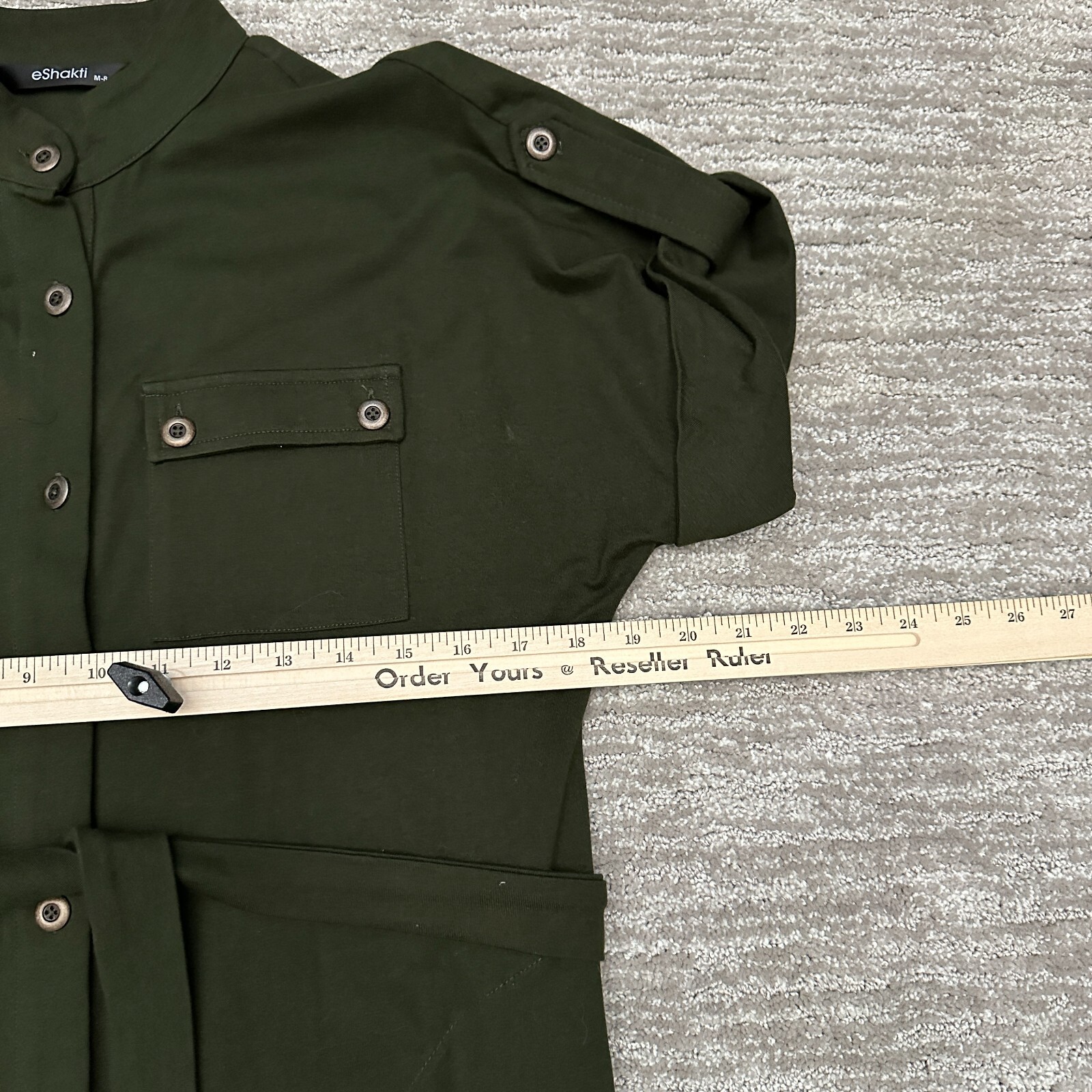 eShakti Dress Womens Medium Green Belted Button Front Pockets Utility Shirt