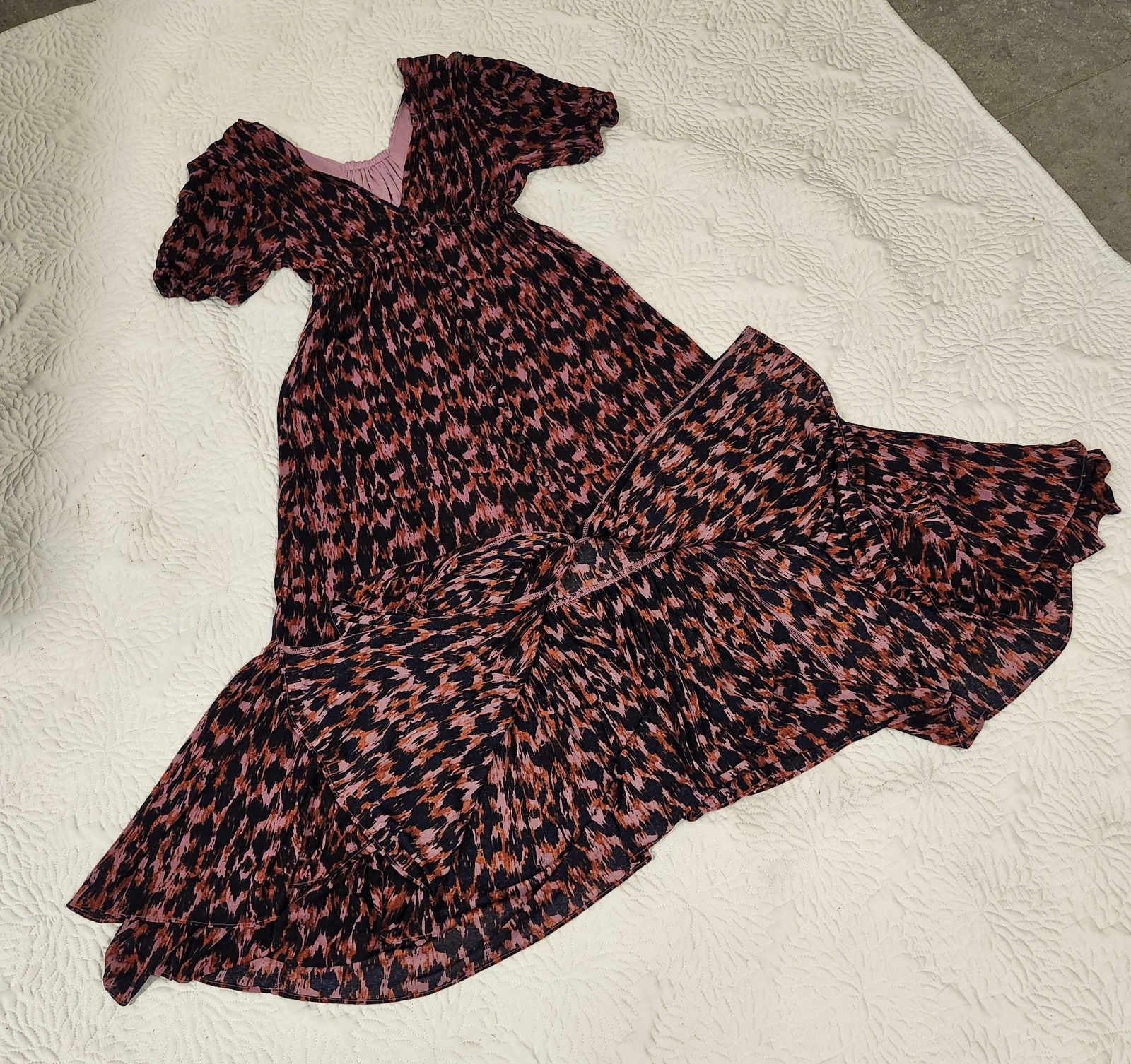 Anthropologie Purple Printed Ruched-Sleeve Mesh Lined Maxi Dress Petites Sz S