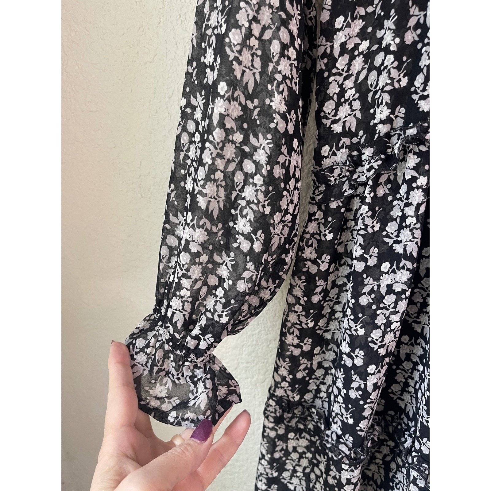 Express Cottagecore Floral Print Mini Dress Long Sleeve Ruffle Trim Black Small