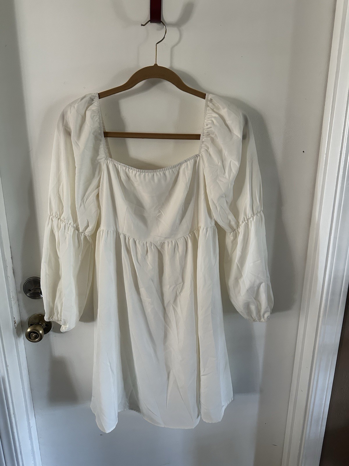 White Solid Square Neck Smocked Puff 3/4 Sleeve Zip Short Dress L