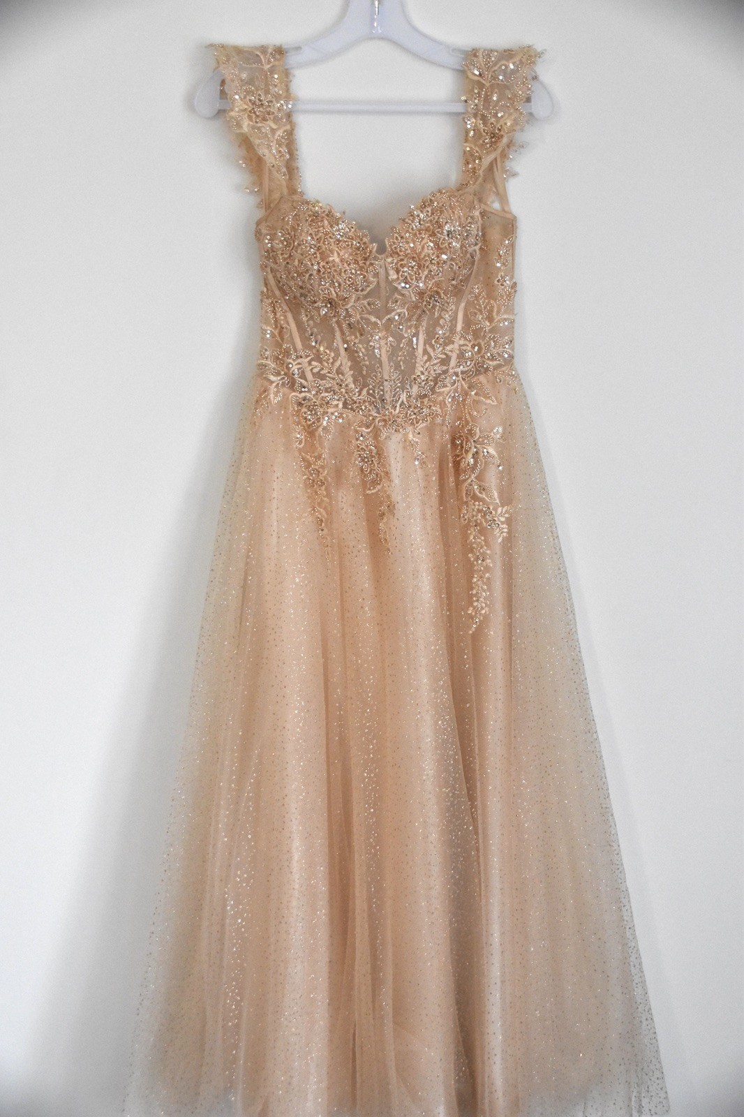 Blush Champagne Beaded Prom Dress Illusion Bodice Tulle A-Line PROM