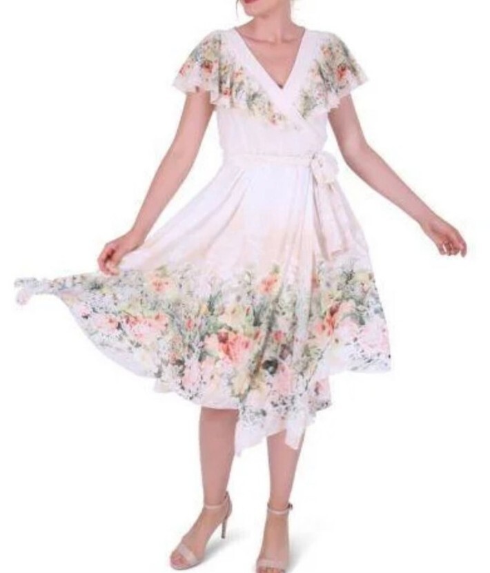 Michal Negrin Great Wrap White Dress Floral Pattern With Slip- Size “M”