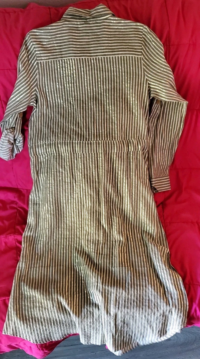 J Glee Belted Long Roll Tab Sleeve Shirt Dress Striped Metallic Gold Women’s M