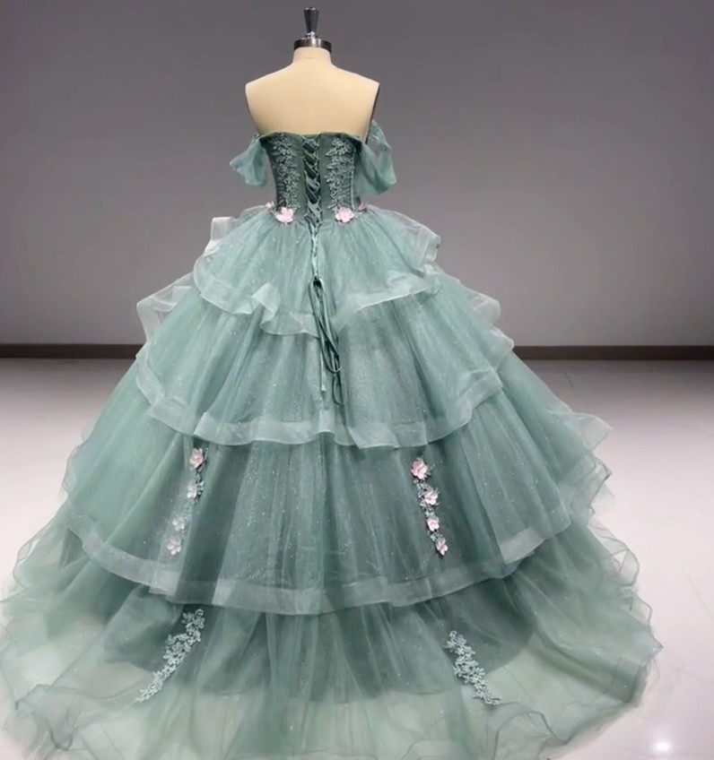Off Shoulder Sage Green Glitter Tulle 3D Floral Quinceanera Train Ball Gown