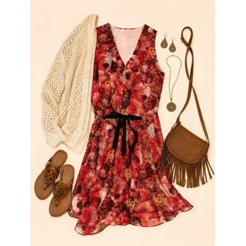NWT Sundance, Women’s, Red Floral, Silk, V-Neck, Tie Waist, Dress Size 10