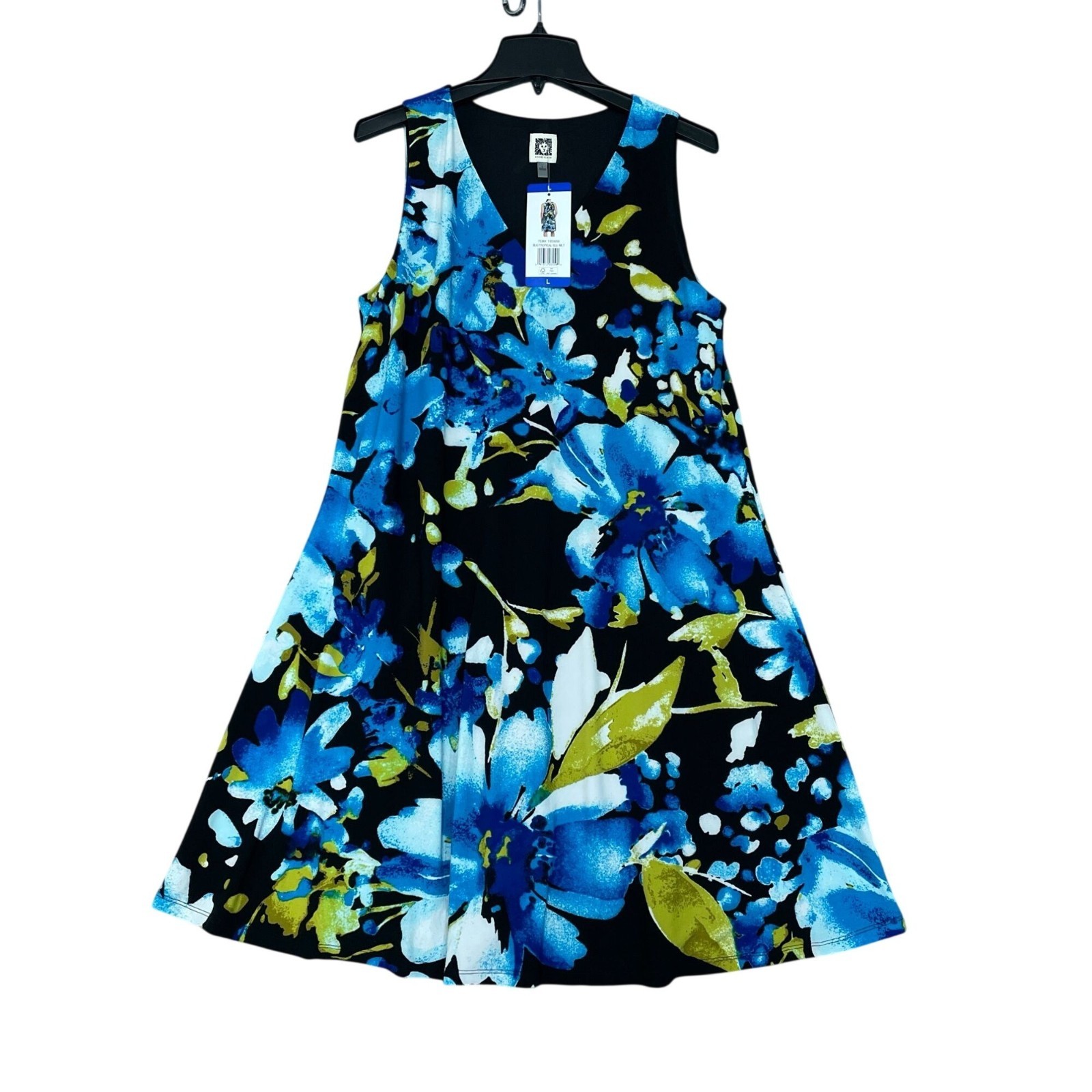 NWT Anne Klein Women’s L Blue Stretch Floral Sleeveless Knee Dress Multi B1414
