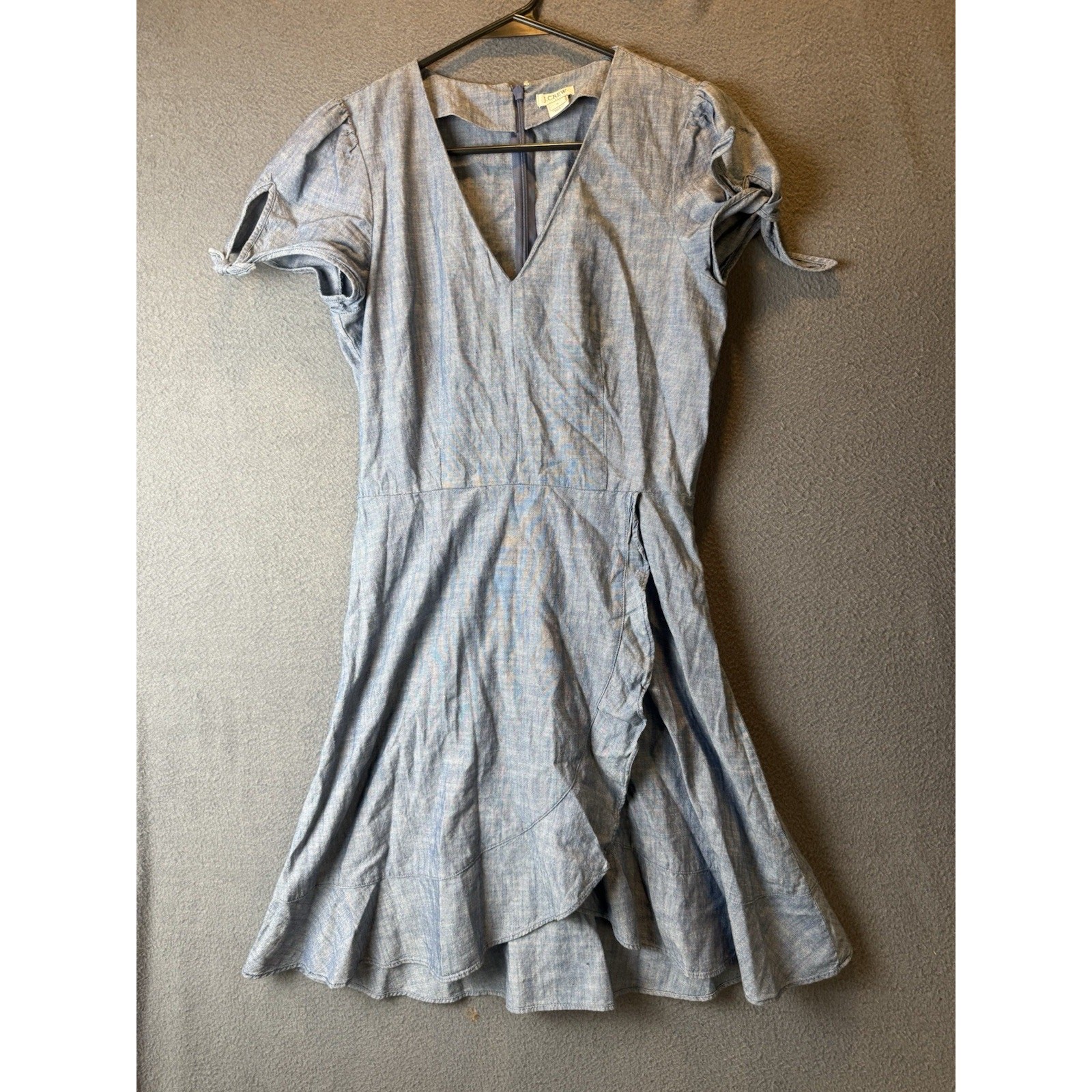 J. crew Denim Chambray Cotton Faux Wrap Ruffle Hem Dress Size 0