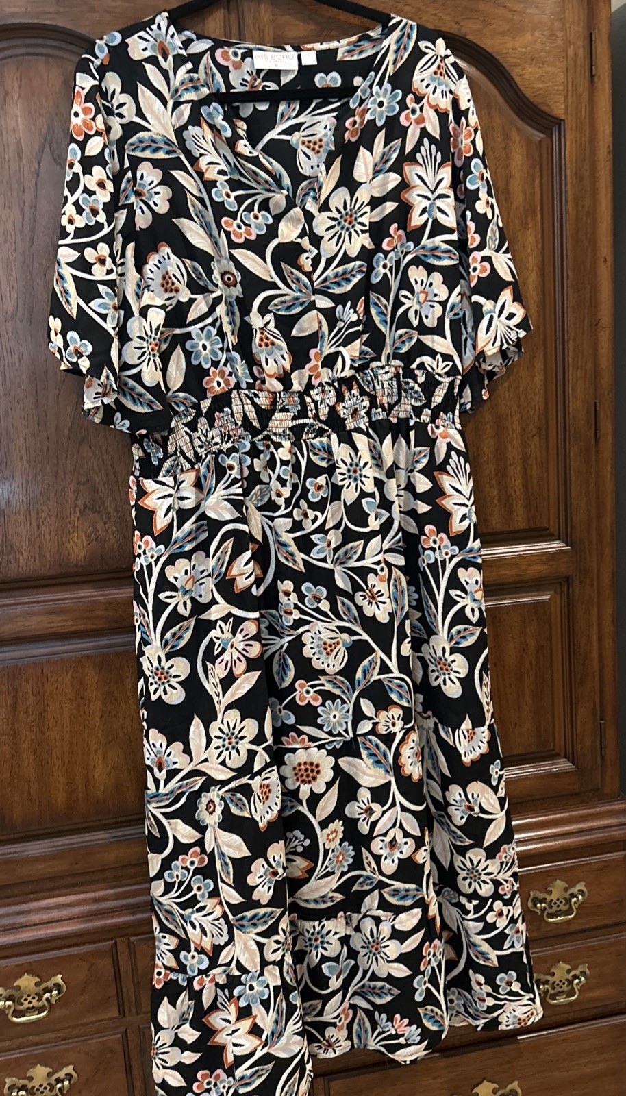 Belle Boho Kim Gravel Tiered Flutter Dress Sz XL Black Floral A655135 Women