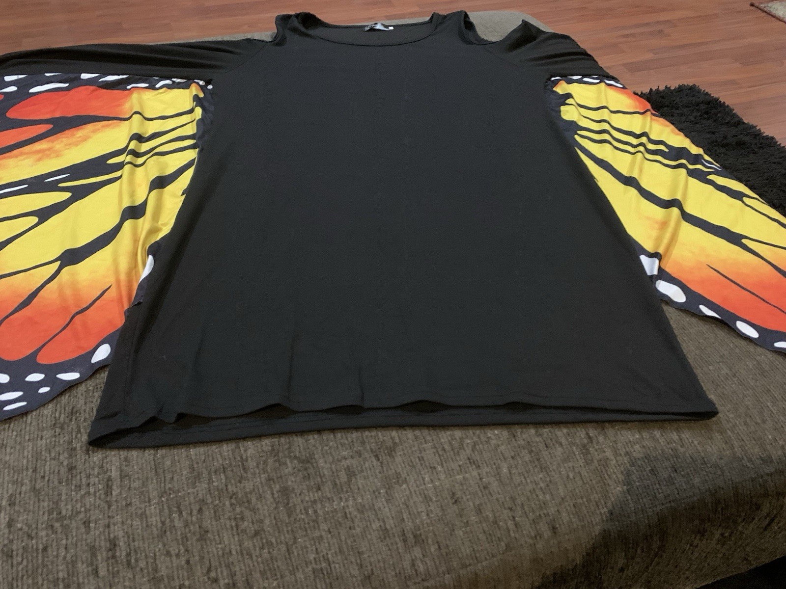 Butterfly Wing Cold-Shoulder Dress in Orange, yellow and Black