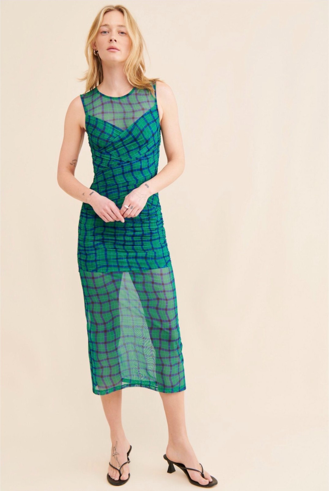 Simon Miller Kinny Mesh Midi Sleeveless Dress Green Blue checker square XL