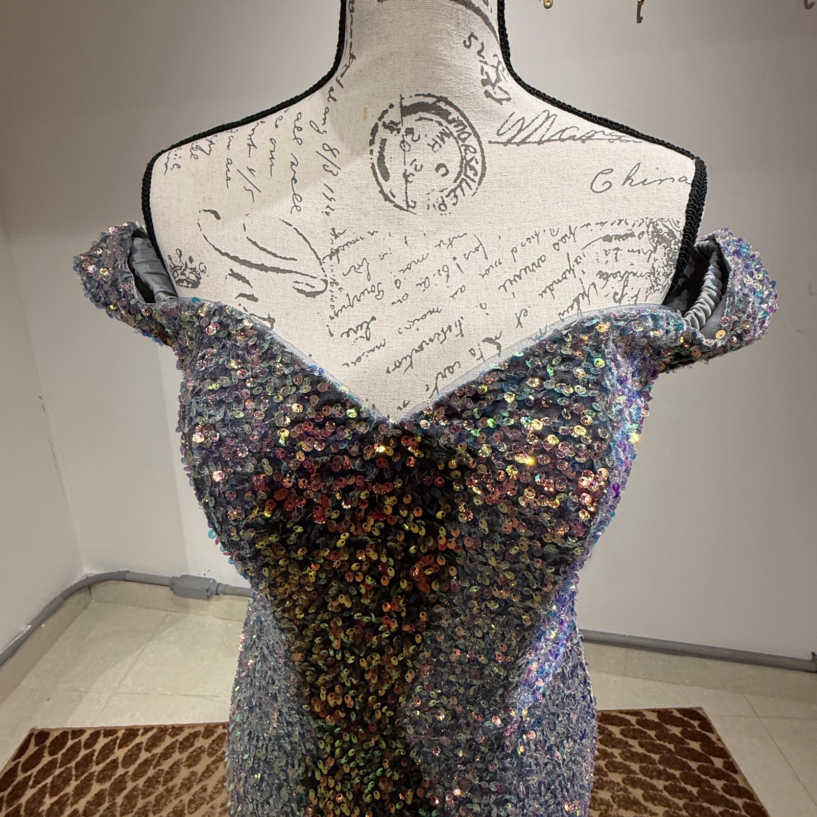 Stella Couture Multicolor Sequin Off Shoulder Mermaid Gown High Slit Train