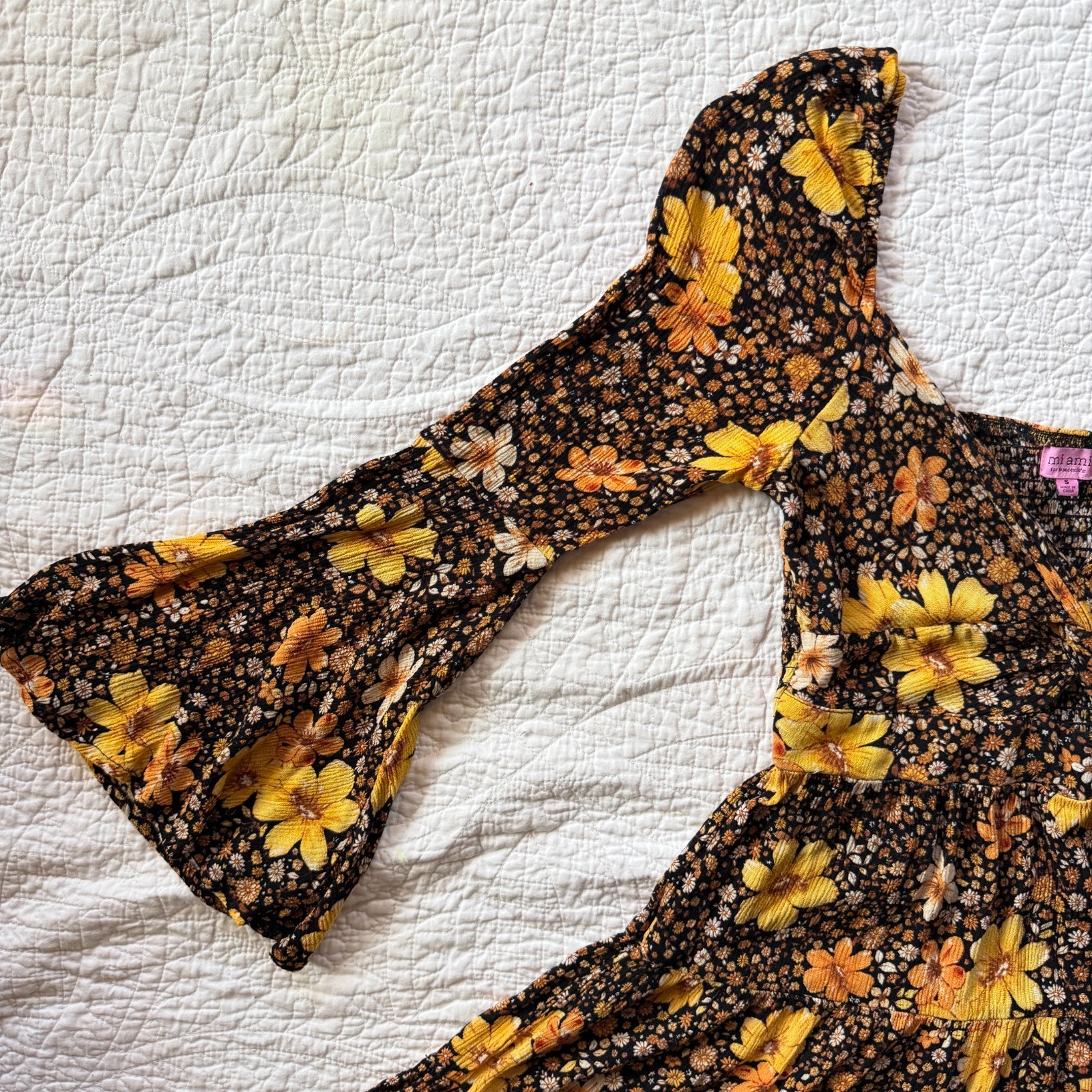 Boho-Chic 70s Hippie Floral Mini Dress Bell Sleeves Sz S Cottagecore Whimsigoth