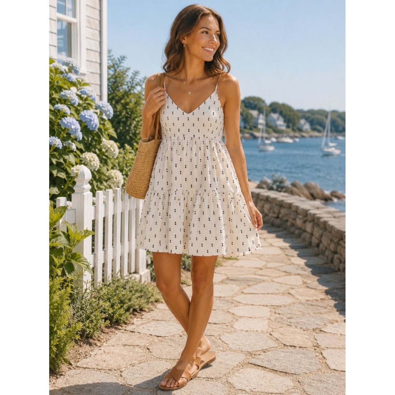 NWOT Sim & Sam Linen Blend Mini Dress M Ivory Black Empire Babydoll Boho 1252