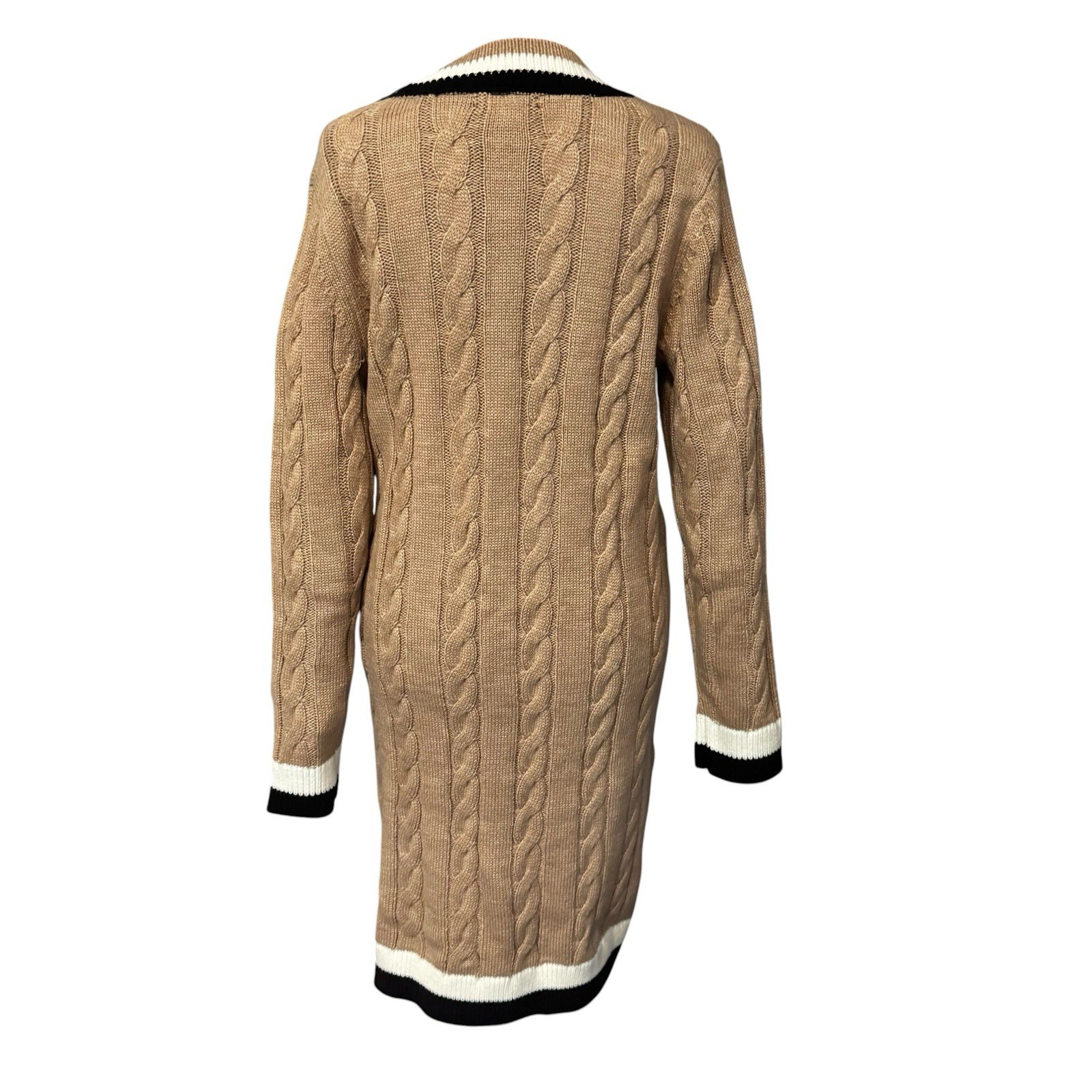 Tommy Hilfiger Chunky Cable Knit Varsity Dress M V Neck Camel Preppy Old Money