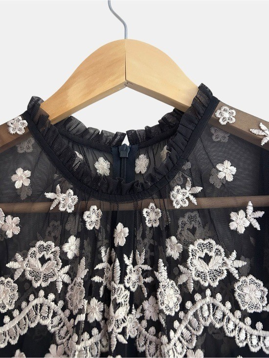 Needle & Thread Embroidered Tulle Midi Dress Black Cream Floral Wedding Guest 2