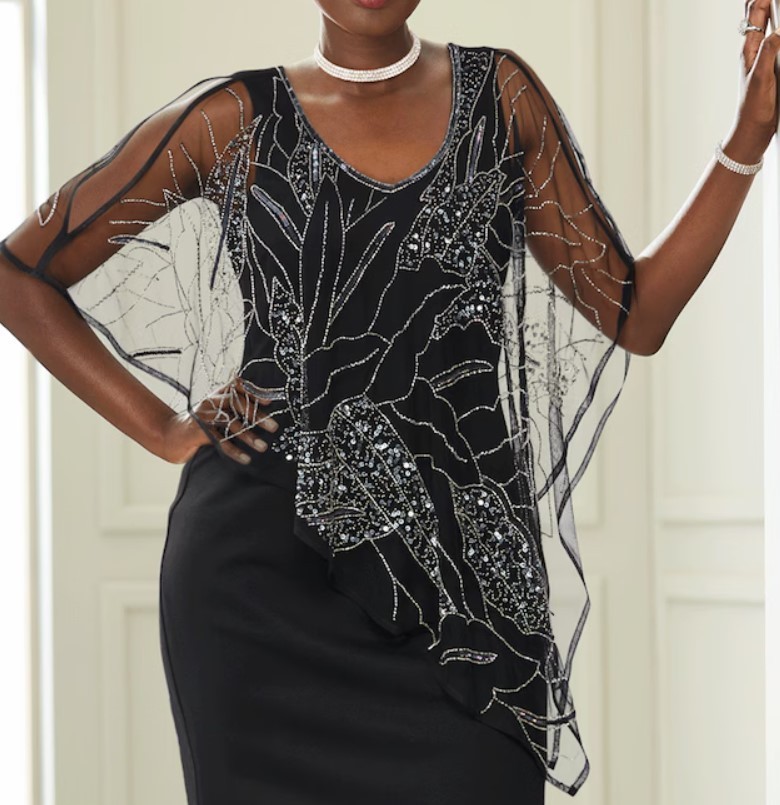 24W PLUS Ashro Black Formal Wedding Church Party Londa Beaded Cape Sheath Dress