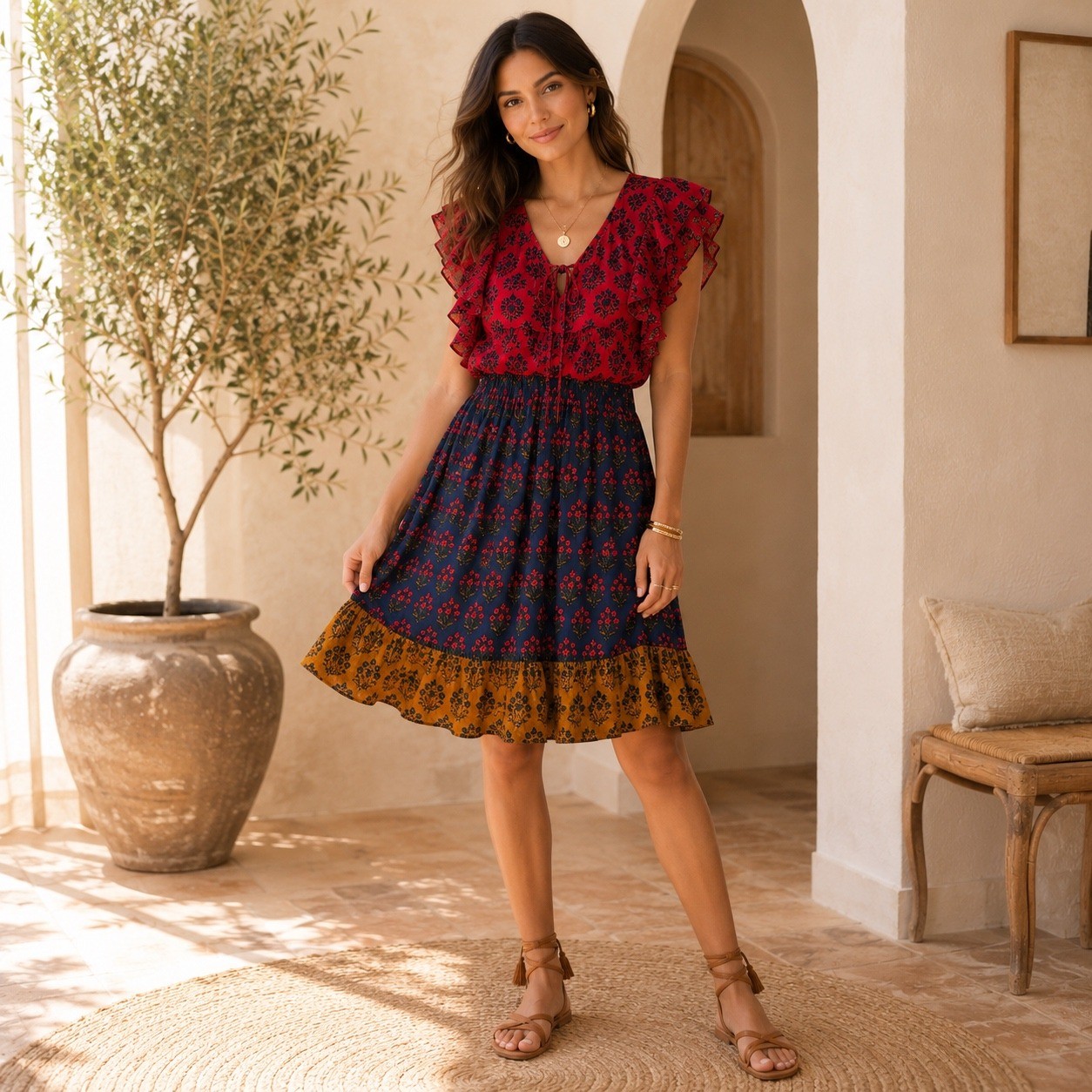Ranna Gill Floral Block Print Mini Dress Womens 6 Red Boho Ruffle Sleeve Tiered