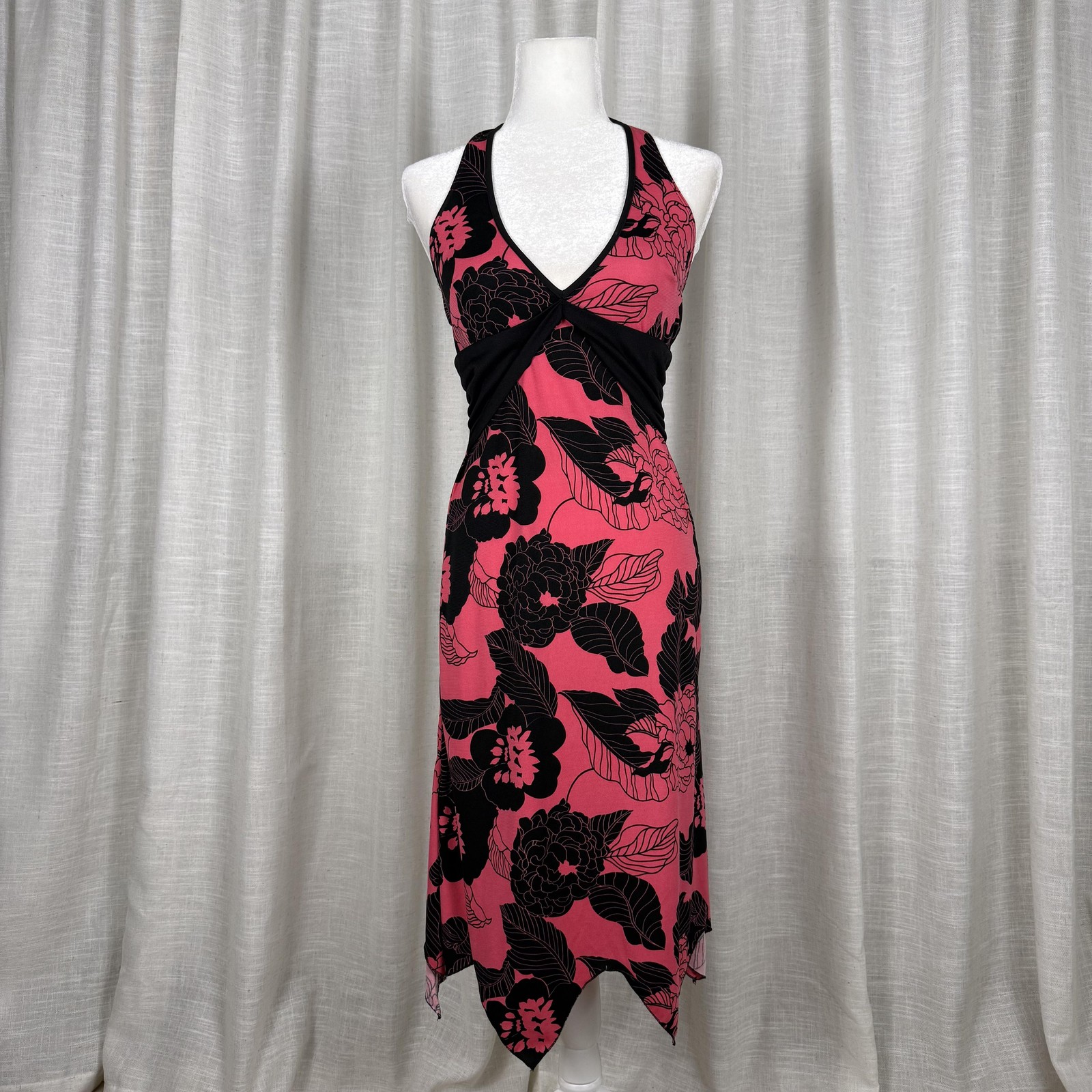 Hourglass Dress Womens Small Pink Floral Halter Fit Flare Asymmetrical Sundress