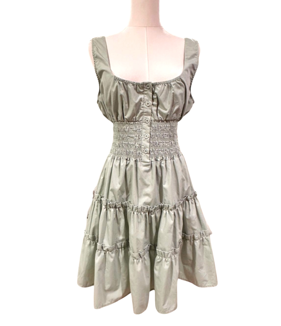 Sage Green Smocked Ruffle Mini Babydoll Dress Large Cottagecore