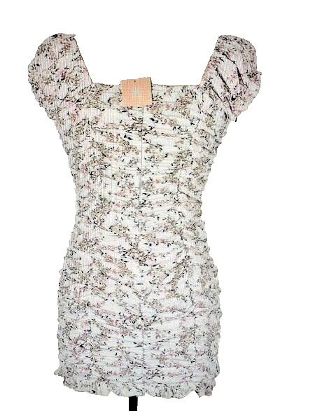 NWT Miss Lola Ruched Shoulder Bodycon Mini Dress White Gray Print Sz Medium
