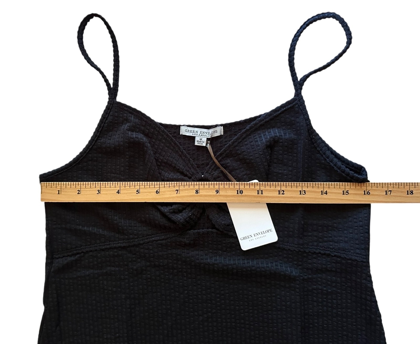 Green Envelope Women’s Ribbed Mini Dress Spaghetti Strap V-Neck Size M Black