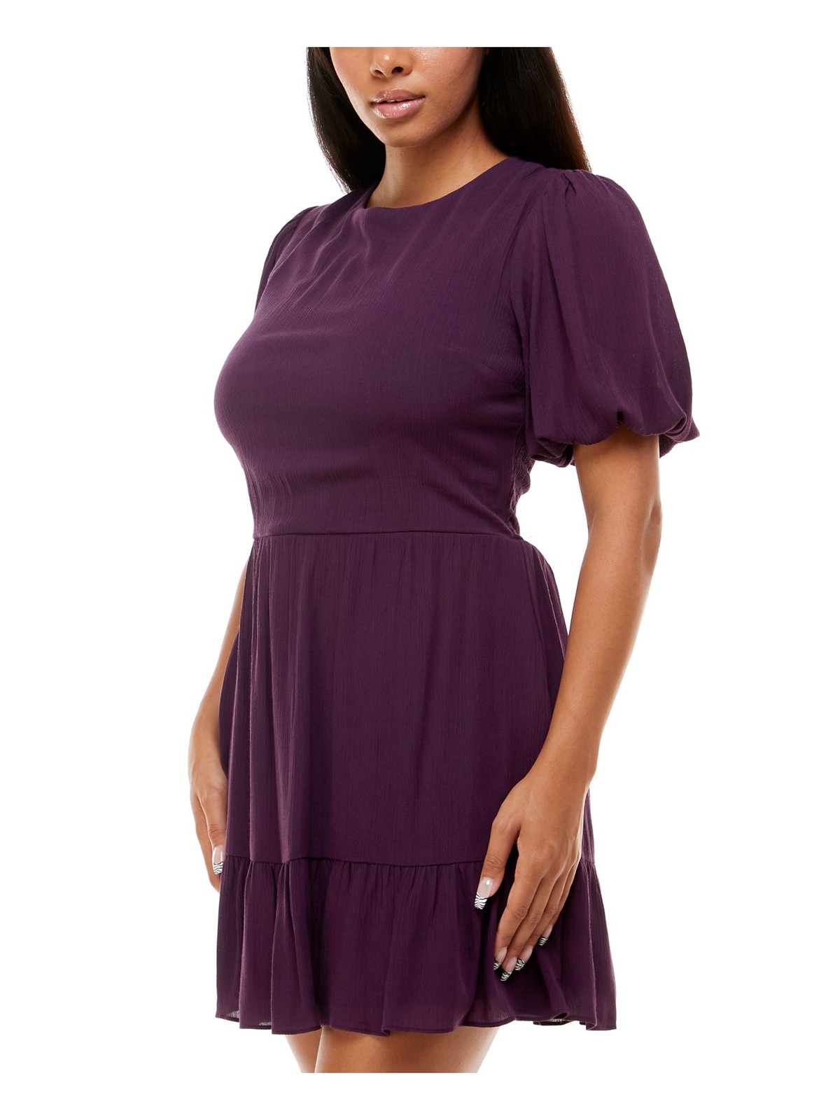 B DARLIN Womens Tie Back Lined Pouf Sleeve Short Fit + Flare Dress