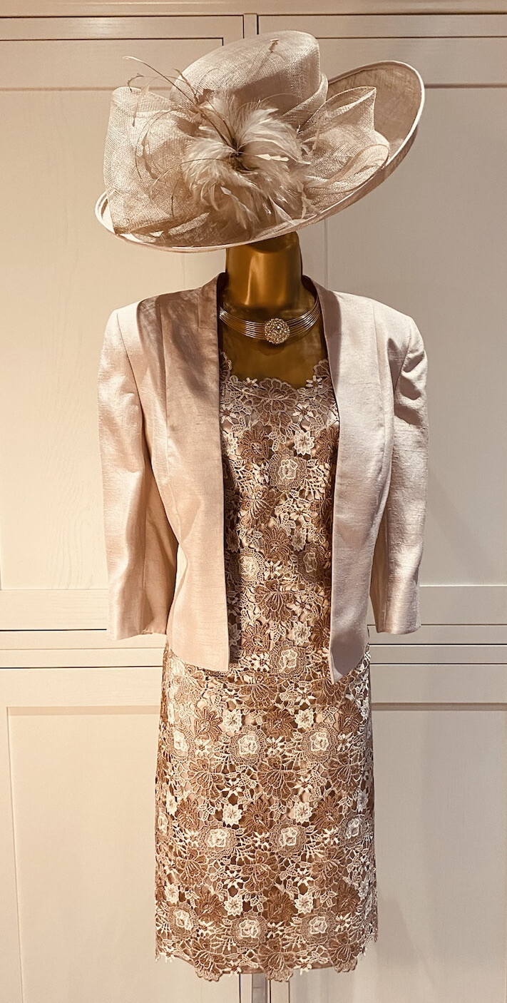 Jacques Vert Oyster Lace Overlay Dress UK 10 & Shantung Edge To Edge Jacket 12
