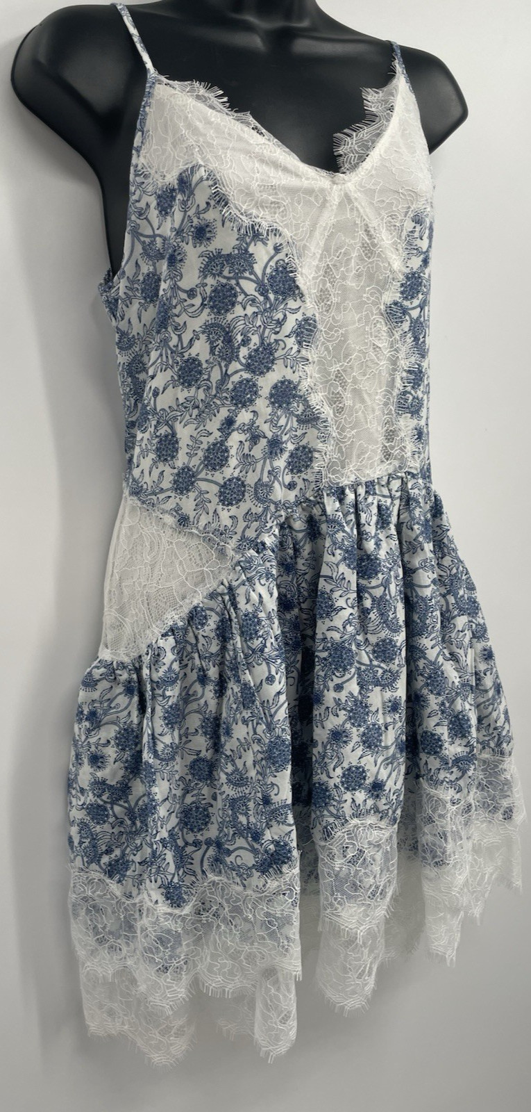 MAeve Womens Floral Blue / Ivory Pattern Sleeveless Lace Trim Mini Dress Size XS