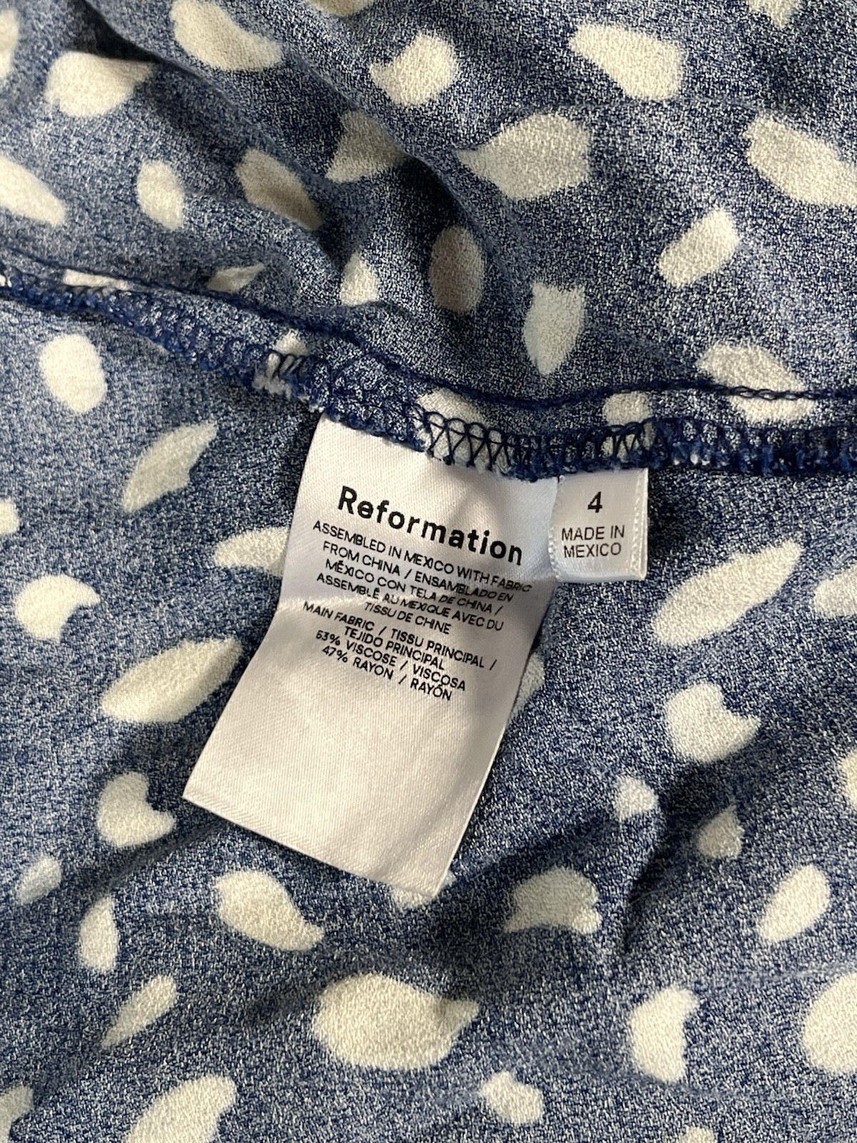 Reformation Crimini Midi Spaghetti Strap V-Neck Dress in Blue Polka Dot Size 4