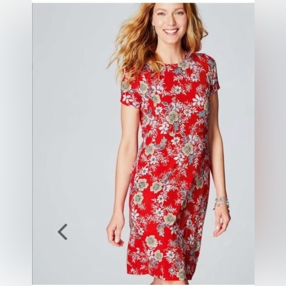 J Jill Dress Womens Medium Red Floral Short Sleeve Stretch Comfort Resort Preppy