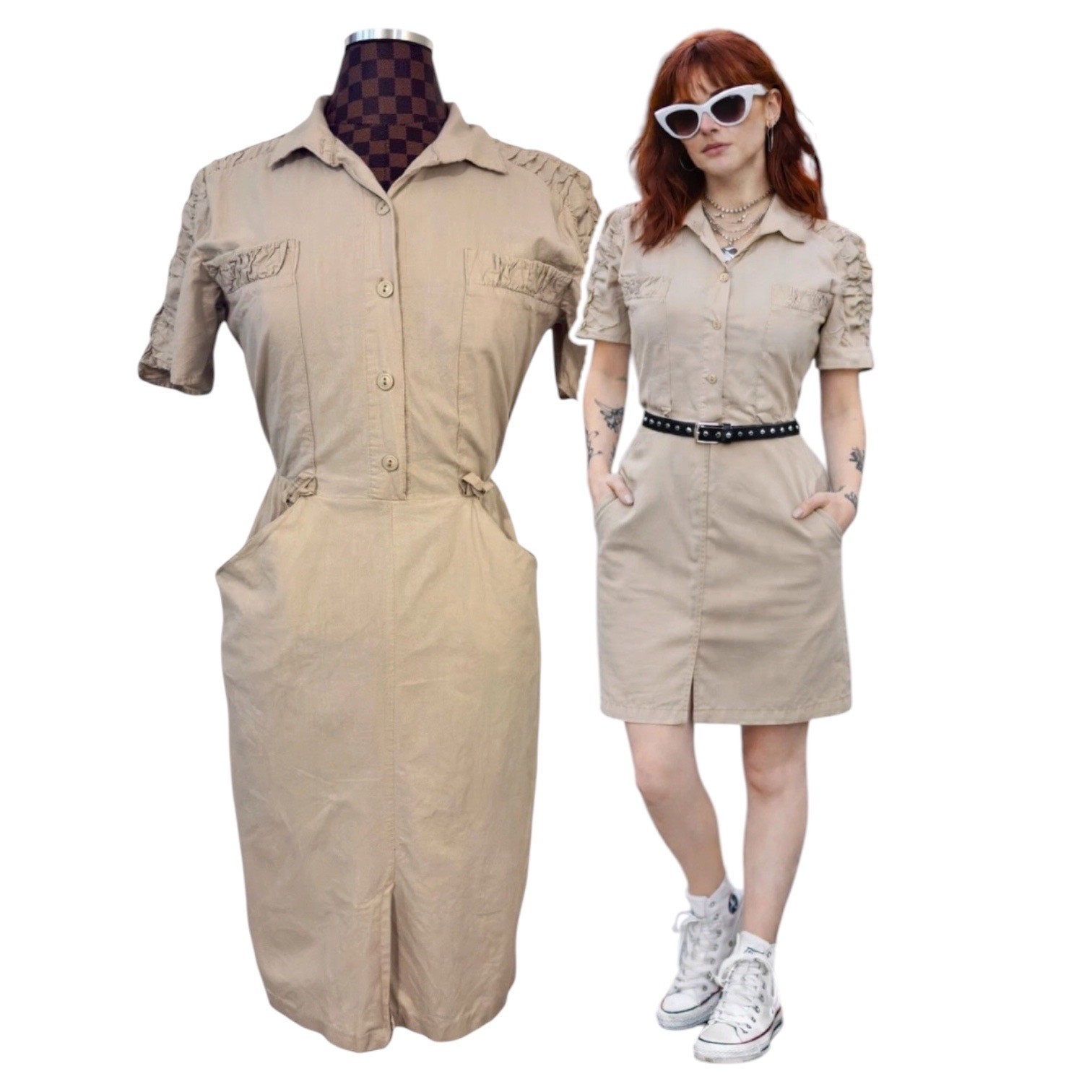 Vtg 80s Wild Dress Tan Utility Shirt Dress Size 9/10 Cotton Short Sleeve Sheath